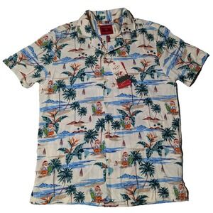 DENIM & FLOWER Santa Claus Hawaiian Beach Surfing Men Medium Ivory Shirt NEW